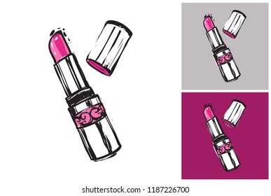 Illustration of pink lipstick. Luxury fashion style clip-art icon for branding, t-shirt print, promo ads. Isolated vector element on white, gray and amaranth purple colors.
