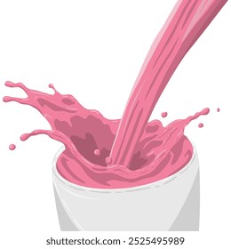 Ilustración de un líquido rosado que se vierte en una taza blanca, salpicando con movimiento dinámico. Ideal para conceptos relacionados con bebidas o alimentos, enfatizando la frescura y la energía. Leche de fresa.