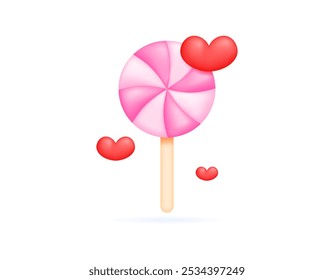 illustration of pink lollipop with heart symbol. sweet food. minimalist 3d style design. valentine elements, halloween candy