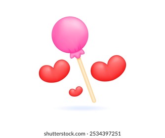 illustration of pink lollipop with heart symbol. sweet food. minimalist 3d style design. valentine elements, halloween candy