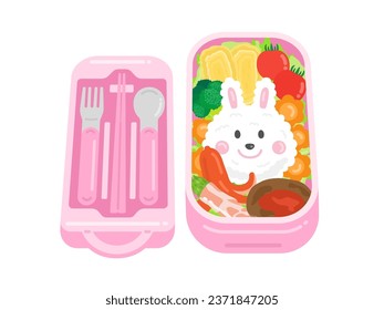 Illustration of a pink lunch box and cutlery set for kids.