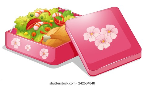 Illustration of a pink lunchbox with chicken and salad