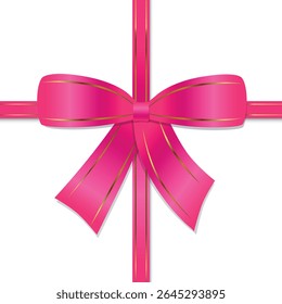 Illustration of pink lush satin bow with gold border and ribbons on transparent background. Vector illustration.