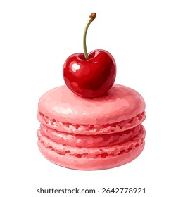 "Ilustração vetorial de um macaron rosa com uma cereja vermelha no topo. Perfeito para marca de padaria, menus de sobremesa, embalagens de doces e designs de blog de alimentos."