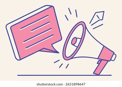 Ilustración de un megáfono rosa y una burbuja de discurso con contornos azules sobre un fondo beige. El megáfono tiene Elementos rosados y blancos, con líneas que emanan