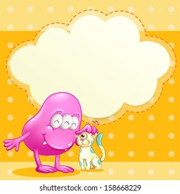 Illustration of a pink monster and a cat with an empty cloud template