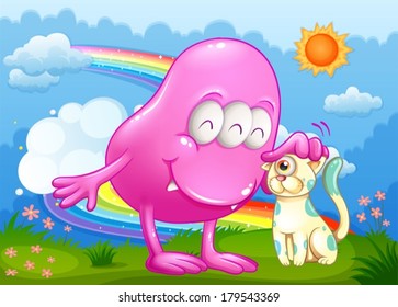 Illustration of a pink monster and a cat at the hilltop with a rainbow in the sky