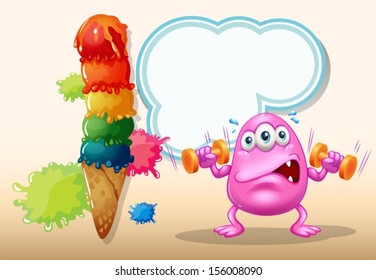 Illustration of a pink monster exercising near the giant icecream
