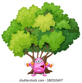 Illustration of a pink monster exercising under the tree on a white background