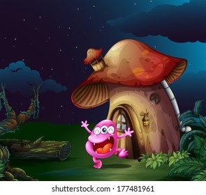 Illustration of a pink monster near the mushroom house