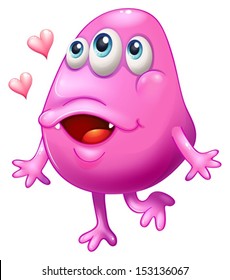 Illustration of a pink monster with two hearts on a white background