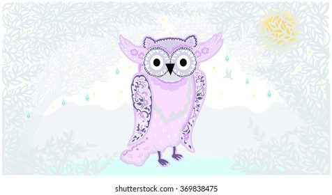 Illustration of pink owl trip to snow land.