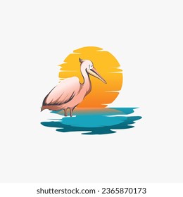 Illustration of a pink pelican on a sunset background