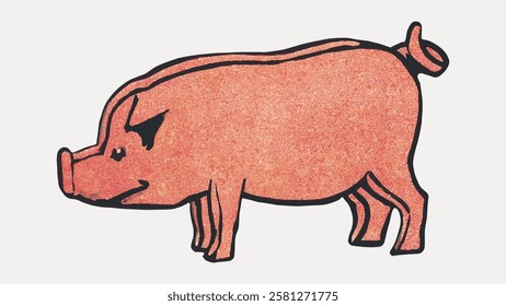 Illustration of a pink pig with a curly tail. The pig is drawn in a simple, cartoon style. The pig stands on four legs, facing left. Pig, cartoon, pink. Vintage farm animal illustration vector.