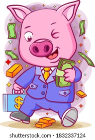 The illustration of the pink pig holding a bunch of money in his hand