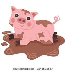 Illustration of a pink pig playing in the mud