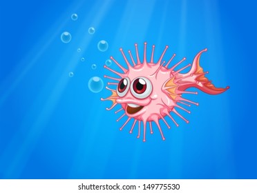 Illustration of a pink puffer fish in the ocean