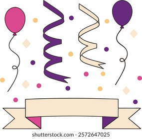 Illustration of pink and purple balloons, swirling ribbons, confetti, and a blank banner. Simple, minimalist party design elements.