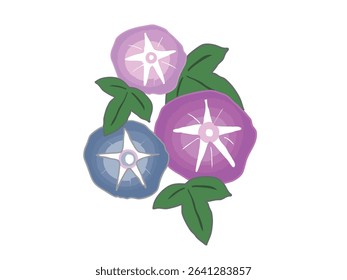 An illustration of pink, purple and blue morning glory flowers in full bloom
