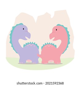 Illustration of a pink and purple dinosaur couple standing together in front of a mountain. Isolated from the background.