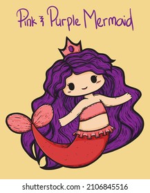 An illustration of a pink and purple mermaid in various swimming poses. A surface pattern design featuring a mermaid with a tiara and pink pearl necklace. Chibi, kawaii mermaid.