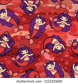 An illustration of a pink and purple mermaid in various swimming poses. A seamless surface pattern design featuring a mermaid with a tiara and pink pearl necklace. Chibi, kawaii mermaid.