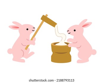 Illustration of pink rabbits making rice cake