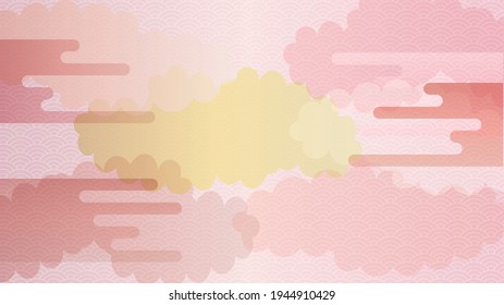 Illustration von rosafarbenem und rotem Hintergrund mit Wolken und japanischem Muster.