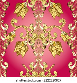 Illustration in pink, red, yellow colors. Oriental traditional hand painted seamless border for design. Paisley watercolor floral pattern tile with flowers, flores, leaves. Abstract background. Vector