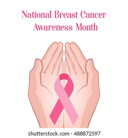 Illustration pink ribbon breast cancer. Square banner for Breast Cancer Awareness Month. Pink ribbon on the palms of a woman's hands