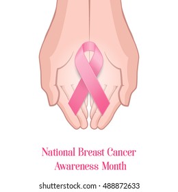 Illustration pink ribbon breast cancer. Square banner for Breast Cancer Awareness Month. Pink ribbon on the palms of a woman's hands