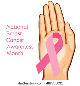 Illustration pink ribbon breast cancer. Square banner for Breast Cancer Awareness Month. Pink ribbon on the palm of her hand