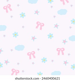 Illustration of pink ribbon, cloud, flower, star for girly pattern, kid clothes, gift wrap, packaging, background, fabric print, wallpaper, backdrop, picnic, spring, summer, blanket, standee, textile