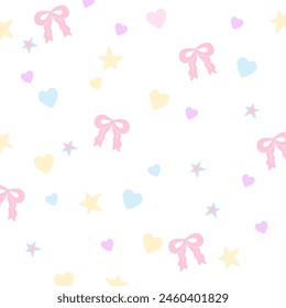 Illustration of pink ribbon, heart, star for Valentine card, girly pattern, kid clothes, gift wrap, packaging, background, fabric print, wallpaper, backdrop, picnic, spring, summer, textile, garment