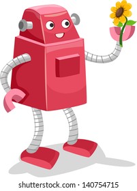 Illustration of a Pink Robot Picked-Up a Sunflower