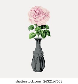 Ilustração de uma rosa em um vaso escuro e ornamentado. A rosa, com pétalas detalhadas, destaca-se contra o vaso. Folhas verdes complementam a rosa rosa no vaso. Vintage arte ilustração vetor.
