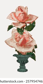 Illustration of a pink rose in a decorative vase. The rose has soft pink petals and green leaves. The vase is ornate and adds elegance to the floral design. Vintage flower illustration, vector.