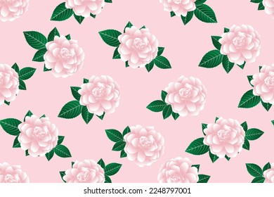 Illustration of pink rose flower with leaves on pink background.