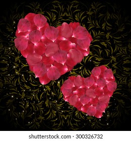 Illustration of pink rose petals in shape of heart and ornamental background
