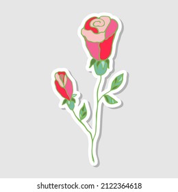 Illustration of a pink rose. Stickers with flowers for the album. Beautiful floral stickers.Doodle style. Drawing bright flowers.  Vector illustration.