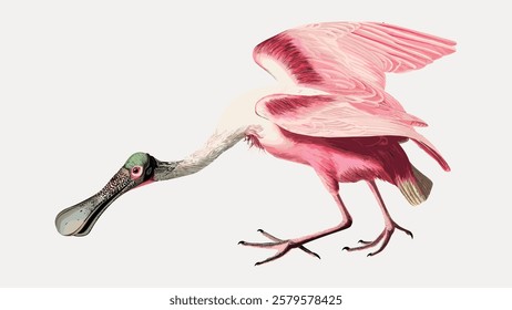 Illustration of a pink roseate spoonbill with detailed feathers and a distinctive spoon-shaped bill. The bird is shown in a side profile with wings slightly open. Vintage bird illustration vector.