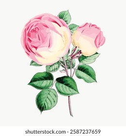 Illustration of pink roses with green leaves. Pink roses in bloom, detailed petals. Green leaves complement the pink roses. Elegant floral design with pink roses. Vintage art illustration, vector.