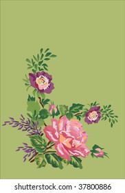 illustration with pink roses on green background