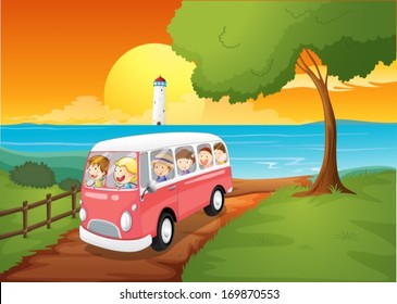 Illustration of a pink schoolbus travelling