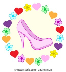 Illustration with a pink shoe in a frame of hearts and camomiles