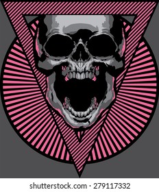 Illustration of pink skull with triangle poster. vector