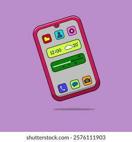 Illustration of a pink smartphone with a gray background screen and several applications icon, camera, a clock and weather forecast