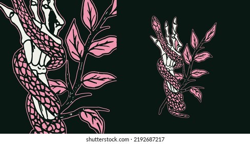Illustration pink snake wrapped around arm bone   tree branch