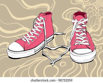 Illustration Of A Pink Sneakers With Lovely Heart On An Abstract Background