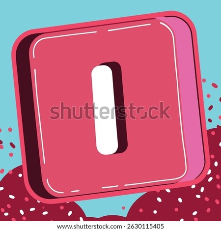 Illustration of a pink square with rounded edges containing a white letter i and confetti background